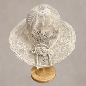 Vintage Y2K Crochet Lace Sun Hat Wide Brim Cream Cottagecore Handmade Summer Hat